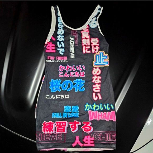 SHEIN Cartoon And Japanese Letter Graphic Ringer Bodycon Dress Deadstock - Picture 2 of 3